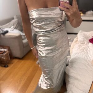 Zara Metallic Silver Strapless Dress